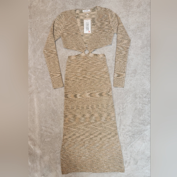 12th Tribe Uproar Beige Long Sleeve Knit Midi Cut Out Dress - Picture 3 of 10